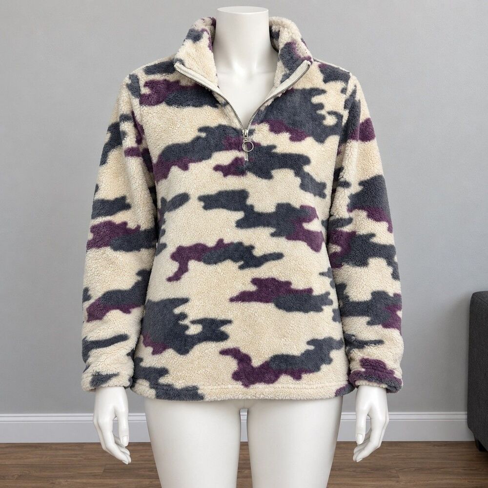 COMO Vintage Womens L Camo Sherpa Fleece Pullover 1/4 Zip Cozy Gorpcore